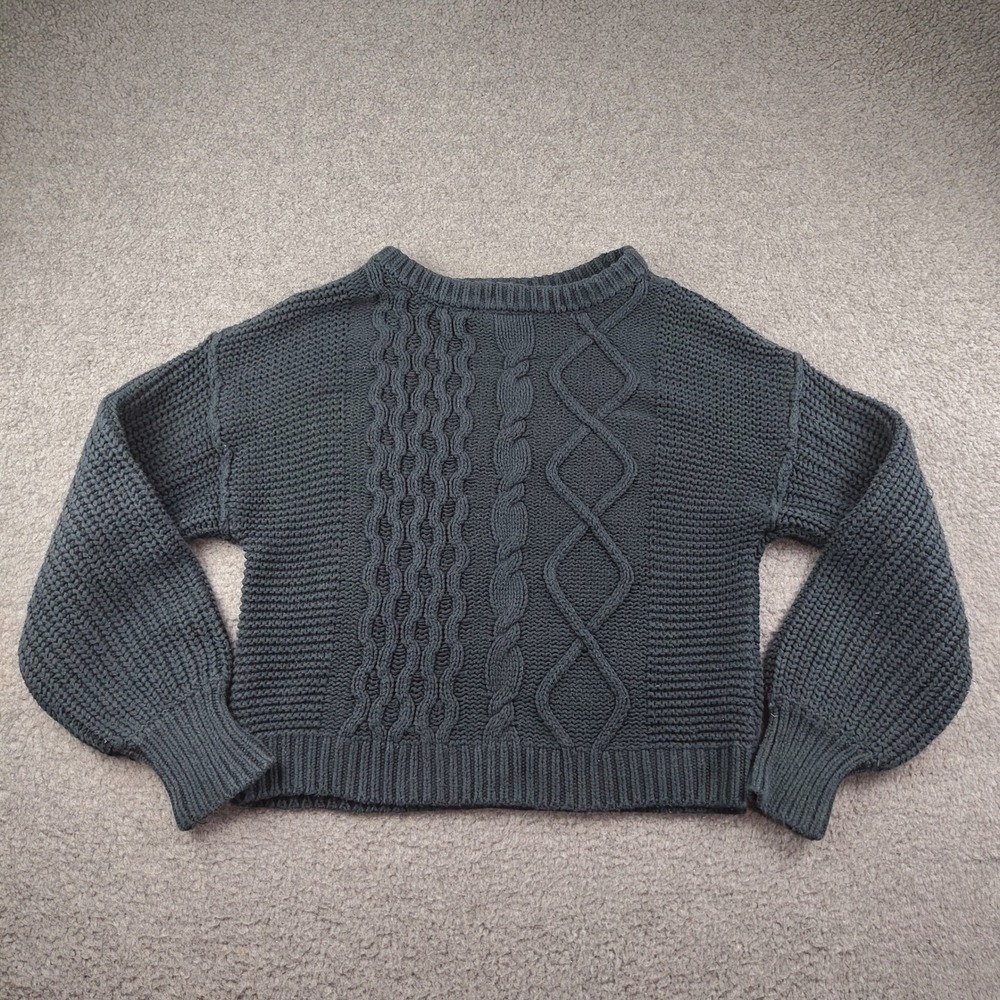 Free People Sweater Sz XS On a Cloud Cable Knit Navy Blue Balloon Sleeve EUC